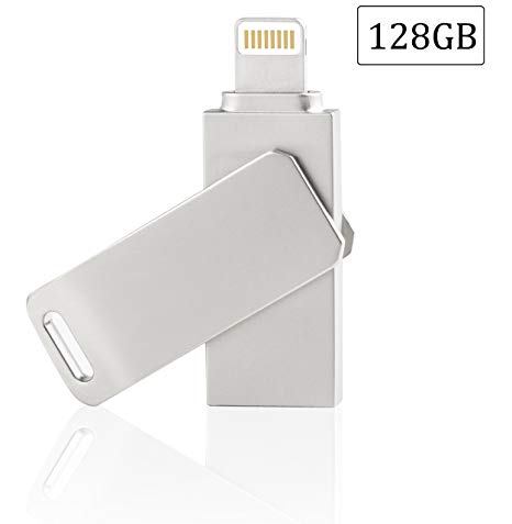 128GB iPhone USB Flash Drive, iPad Memory Stick, iOS External Storage Expansion for iOS Android PC Laptops (Rotatable Silver)