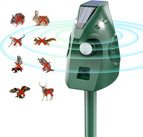 Solar Powered Animal Deterent, Ultrasonic Animal Control Device with Motion Sensor and FIashing Light, Waterproof Outdoor Animal Repellent for Deer Squirrel Raccoon Cat Bobcats, Frequency 18kHZ