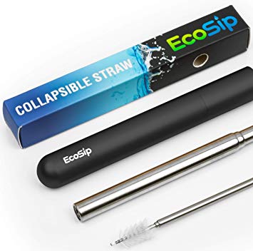 EcoSip Collapsible Telescopic Straw | Metal Stainless Steel | Reusable & Portable | Final Eco Friendly Folding Straws Home & Travel | Cleaning Brush | Key Ring Aluminum Hard Case (Black)