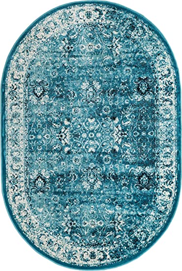 Unique Loom Imperial Collection Distressed, Modern, Traditional, Bright Colors, Vintage, Border Area Rug (4' 0 x 6' 0 Oval, Turquoise/Ivory)