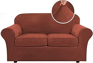 H.VERSAILTEX Real Velvet Plush 3 Piece Stretch Sofa Covers Couch Covers for 2 Cushion Couch Loveseat Covers (Base Cover Plus 2 Individual Cushion Covers) Thick Stay in Place (Medium Sofa, Rust)