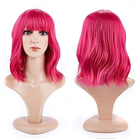 Short Curly Cosplay Party Wigs with Bangs for Women Girls 14 inch Shoulder Length Costumes Wig for Daily Party Free Wig Cap(Hot Pink)