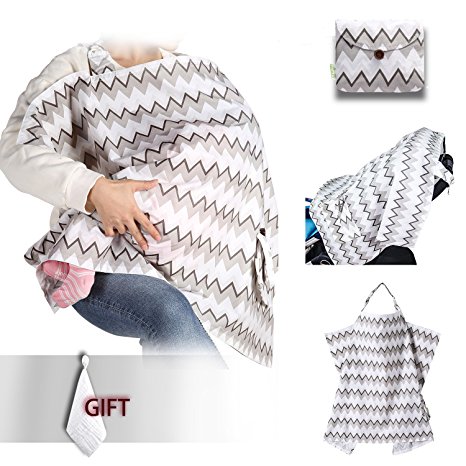 Umiin Nursing Cover Breastfeeding Cover Super Soft Breathable Cotton Sewn in Pouch with Rigid Neckline Opening for Baby Eye Contact (Chevron) Muslin baby Towel Free
