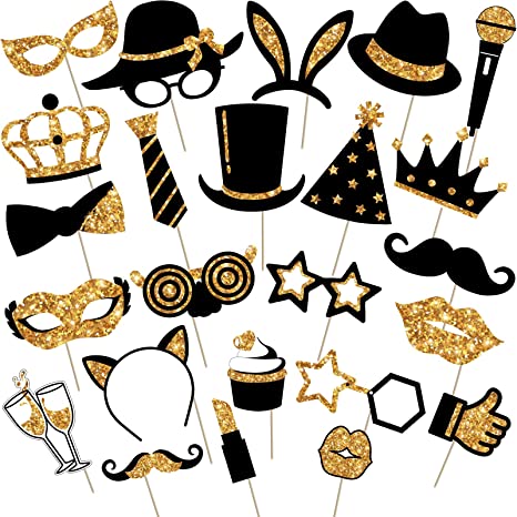 Zonon 24 Pieces Party Photo Booth Props Mix of Hats, Wine Glass, Lipstick, Tie, Crowns and More for Variety Party Birthday Parties Weddings (Golden)