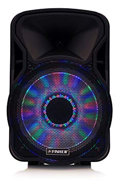 Fisher Wireless Portable PA Speaker with 300 Watts Super-Bass, Bluetooth Enabled, Multi-Color LED Disco Lights, FM Radio, Karaoke Features, Auxiliary Input, and Built-in Microphone