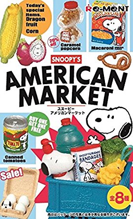 Snoopy American Market 8 Pack BOX Peanuts Movie Cute Mini Scale Table Desk Decor Collectable Model Statue Figure BBQ Shopping Bag Dog house Birthday Cake Wagon Sale Cereal Jar RE-MENT