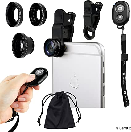 Universal 3in1 Camera Lens and Shutter Remote Kit for Smartphones, including Bluetooth Camera Shutter Remote, Fish Eye, 2in1 Macro and Wide Angle, Lens Clip