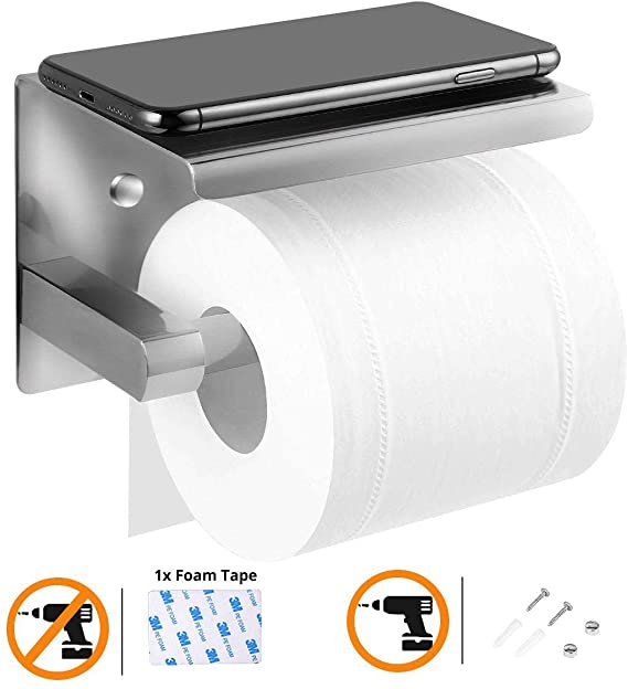 Toilet Roll Holder, VOLUEX Wall-Mounted Paper Holder with Spacious Shelf, Self Adhesive Without Drilling SUS304 Stainless Steel for Bathrooms and Kitchen