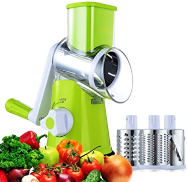 Vegetable Mandoline Chopper, Moonvvin 3-Blades Manual Vegetable Slicer,Efficient and Fast Vegetable Fruit Cutter Cheese Shredder, Speedy Rotary Drum Grater Slicer with Strong-Hold Suction Cup(Green)