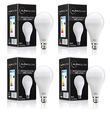 AURAGLOW Super Bright 20w LED B22 Bayonet Light Bulb, Cool White, 6500K -1901 Lumens - 120w EQV - Four Pack