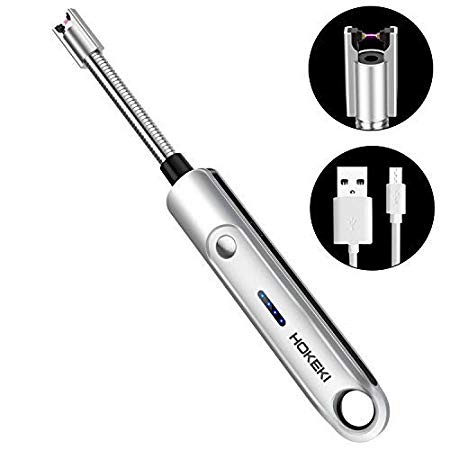 USB Candle Lighter, HOKEKI ARC Electric Kitchen Lighter with 360°Flexible Neck Rechargeable Flameless Windproof Portable 9IN for Camping Grilling BBQ Gas Stove (Silver)