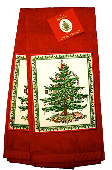 Spode Christmas Tree Kitchen Hand Towel, Red, 100% Cotton, Set of 2