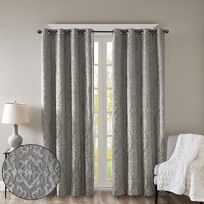 SUNSMART Mirage 100% Total Blackout Window Curtain, Knitted Jacquard Damask Room Darkening Curtains Panel with Grommet Top, 50x108, Charcoal