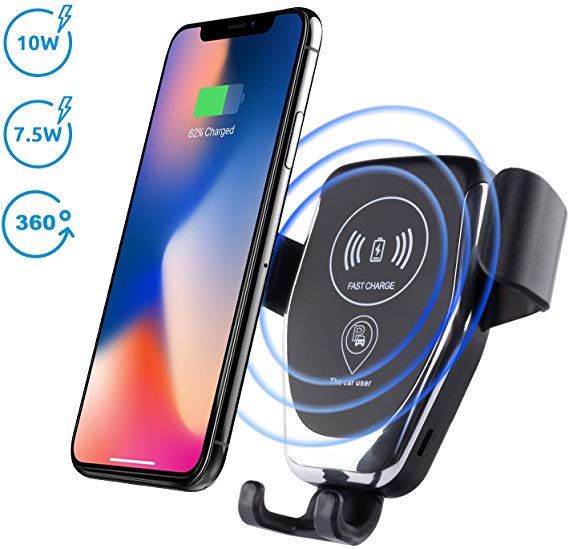 Qi Wireless Charger Car Mount - 10W Fast Charge Car Cell Phone Cradle, Wireless Car Mount Charger Air Vent Holder Compatible with XsMax, Xs, Xr, 8Plus, S9, S8, Sony XZ Premium, Google Pixel 2 XL, Huawei, LG and More