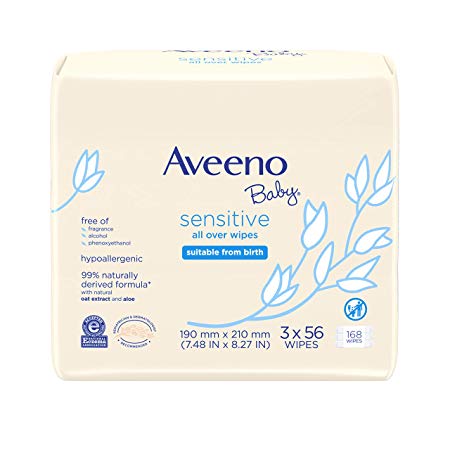 Aveeno Baby Aveeno Baby Sensitive All Over Wipes, Hypoallergenic & Fragrance-Free, 3 Pack of 56 Ct, 168Count