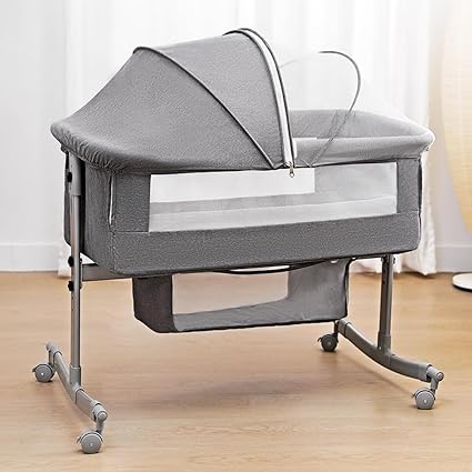 Bedside Crib for Baby, 3 in 1 Bassinet with Large Curvature Cradle, Bedside Sleeper Adjustable and Movable Beside Bassinet with Mosquito Nets, Safety Certificattion Guarantee