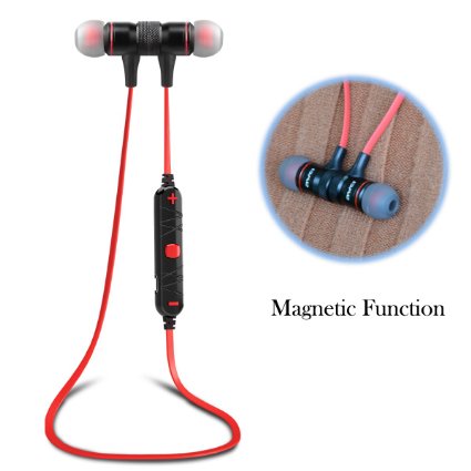 Bluetooth Headset, Sweatproof V4.0 Wireless Bluetooth Earphones In-Ear Noise Cancelling Headphones Earbuds with Microphone & Stereo for Running Sports with Magnet Attraction(Red)