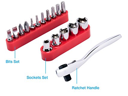 Ratchet Bit Driver with Socket Set and Bit Set. 1/4 inch Ratchet at 48 FT/LBS of Torque. Bit Set of Flat Bits, Phillips Bits, Torque Bits. Socket Set of 5 Sizes Sockets. Rosewill Tool Mini Ratchet