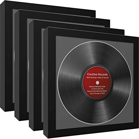 CreativePF [4pk-lp12.5x12.5bk-b] LP Vinyl Record Album Frame Display with Black Mat, LP Record Insert, Glass and Wall Hanger (4-Pack)
