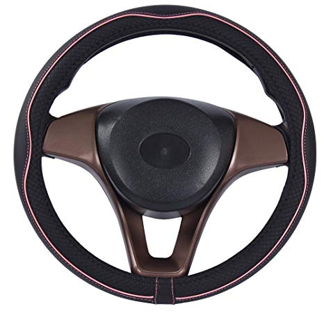 2019 New Microfiber Leather Car Large and Small Steering wheel Cover (15.25''-16'', Black Pink)