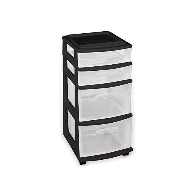 Homz Plastic 4 Drawer Medium Cart, Black Frame with Clear Drawers, Casters Included, Set of 1