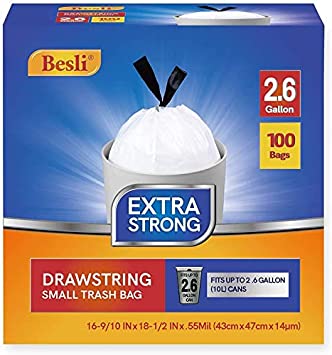 Besli 2.6 Gallon Drawstring Trash Bag Small Garbage Bag,100 Counts (White, 2.6 Gallon)