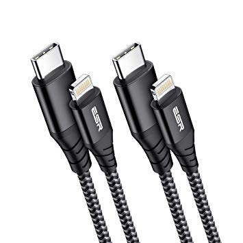 ESR 2 Pack USB-C to Lightning Cable, 3.3ft MFi Certified, Braided Nylon Power Delivery Fast Charging for iPhone 11/11 Pro/11 Pro Max/XR/XS Max/XS/X/8/8 Plus, AirPods Pro,Use with Type-C Chargers,Black