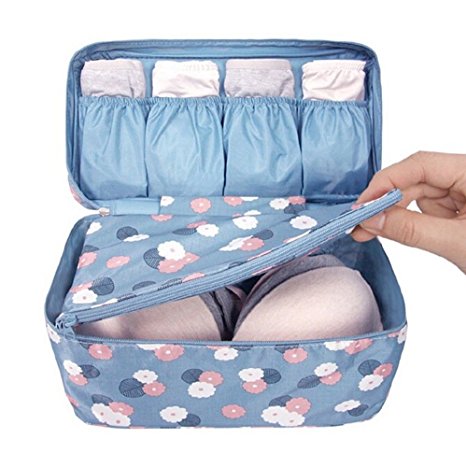 Wowlife Fashion Portable Multi-Functional Travel Organizer Cosmetic Make-up Bag Luggage Storage Case Bra Underwear Pouch (Flower-Blue)