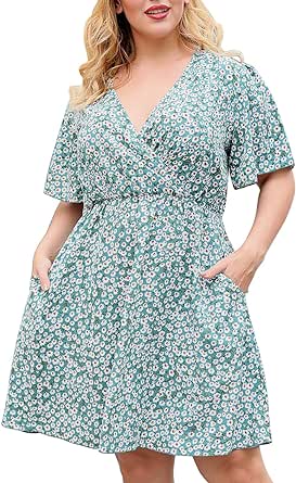 Nemidor Womens Casual V-Neck Plus Size Summer Boho Swing Wrap Dress with Pockets NEM266