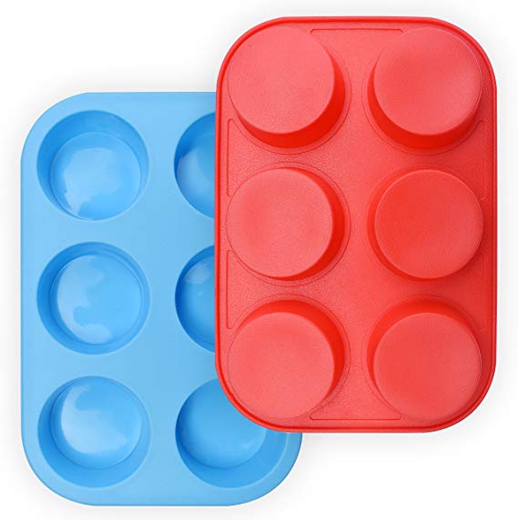 homEdge 6-Cup Silicone Muffin Pan, Pack of 2 Non-Stick Muffin Cupcake Molds-Blue and Red