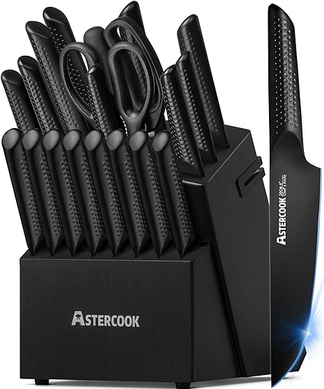 Knife Set, 21 Pieces Kitchen Knife Set with Block, Built-in Knife Sharpener, German Stainless Steel Knife Block Set, Dishwasher Safe, Black