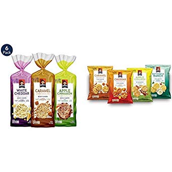 Quaker Large Rice Cakes, Gluten Free, 3 Flavor Variety Pack, 6 Count and Quaker Rice Crisps, Gluten Free, 3 Flavor Sweet & Savory Variety Mix, Single Serve 0.67oz, 30 count
