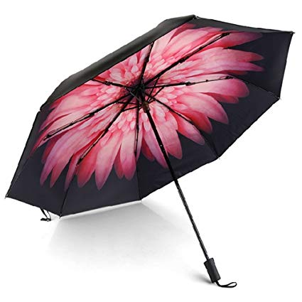 Inf-way Black Daisy Sun Protective Parasol UPF 50  Sunblock UV Travel Umbrella Dual Layer Folding Sun/Rain Umbrella-Lightweight with Gift Box (Pink)