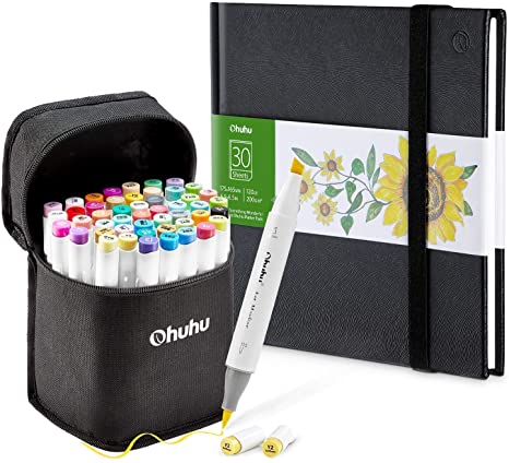 Ohuhu 48 Colors Alcohol Brush Markers (Brush & Chisel, Bonus 1 Colorless Blender)   6.9" × 6.5" Mini PU Marker Pads Art Sketchbook, 120LB/200GSM Heavy Smooth Drawing Papers, 30 Sheets/60 Pages