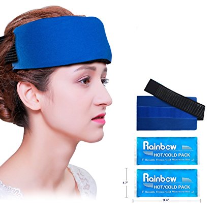 Ice Pack (2 Pieces) –Reusable Migraine Relief Gel Ice Packs with Strap for Hot Cold Therapy, Flexible Ice Wrap with Soft Fabric Backing for Headache, Elbow, Ankle, Knee Pain and Sports Injuries