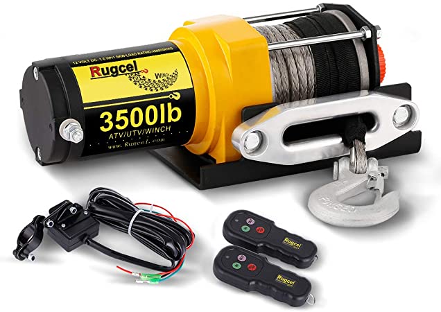 RUGCEL Winch Waterproof IP68 Winch with Hawse Fairlead, Synthetic Rope, 2 Wired Handle and 2 Wireless Remote (3500 lb.Load Capacity)