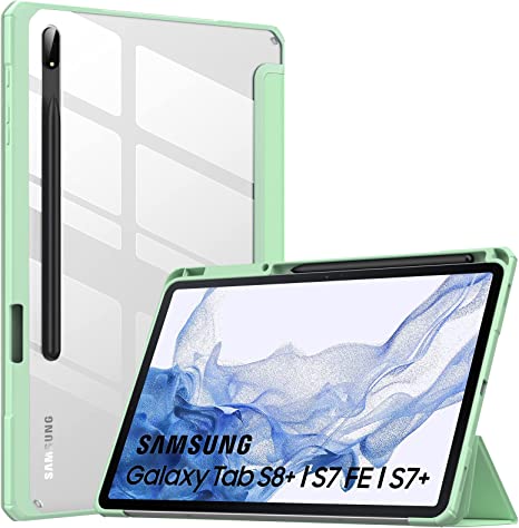 MoKo Case Fits Samsung Galaxy Tab S8   12.4 2022 (SM-X800/X806) / Tab S7 FE 12.4-Inch 2021 / Tab S7 Plus 12.4 2020 with S-Pen Holder, Transparent Back Tablet Cover with Auto-Wake, Green