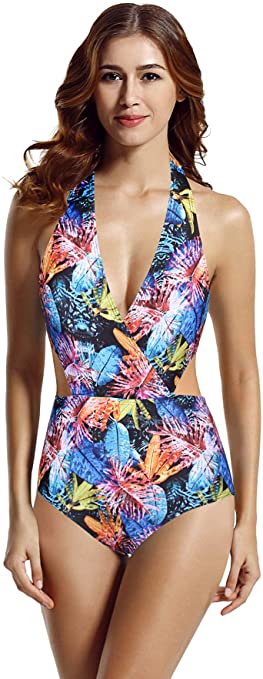 zeraca Women's Surplice Neckline High Waisted Halter One Piece Monokini Swimsuit