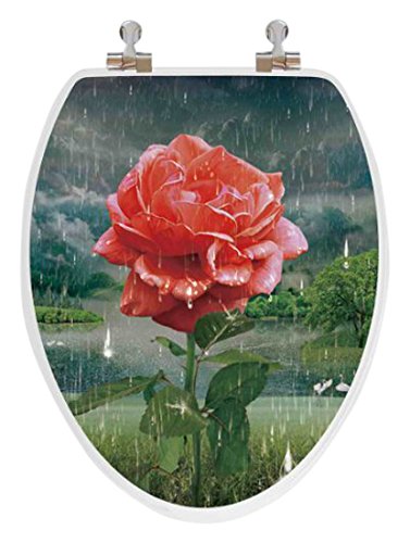 TOPSEAT 6TS3E8600CP 000 3D Vario Scenario "Rose" Elongated Toilet Seat with Chromed Metal Hinges, Wood Finish