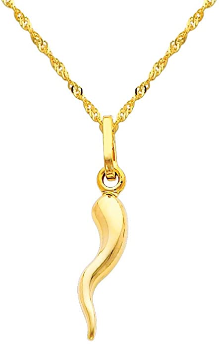 The World Jewelry Center 14k Yellow Gold Cornicello Italian Horn Pendant with 1.2mm Singapore Chain Necklace