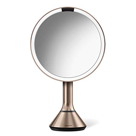 simplehuman Sensor Lighted Makeup Vanity Mirror, 8" Round With Touch-Control Brightness, 5x Magnification, Rose Gold Stainless Steel, Rechargeable And Cordless