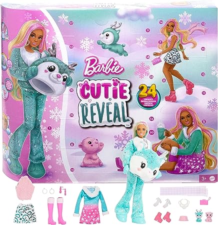 Barbie Cutie Reveal Advent Calendar & Doll, Blue & Pink Hair, 25 Surprises Include Clothes, Accessories & Color-Change Pets