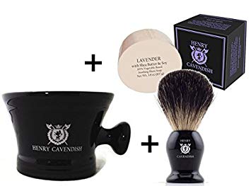 Henry Cavendish Lavender Shaving Soap, Long Lasting 3.8 oz Puck Refill, plus Ceramic Shaving Soap Bowl, plus Gentleman's 100% Pure Badger Hair Shaving Brush.