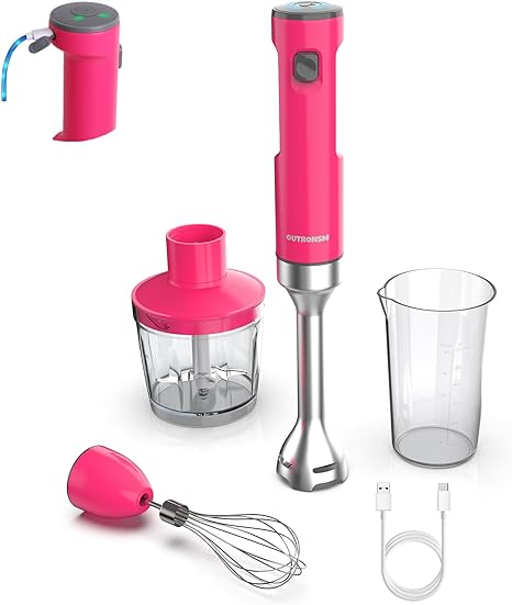 OUTRONSM Cordless Hand Blender, CordIess Immersion Blender Rechargeable, with Charging Cable, 500ml Chopper, 600ml Container, Egg Whisk, for Smoothies, Milkshakes, Infant Food and Soups – Red