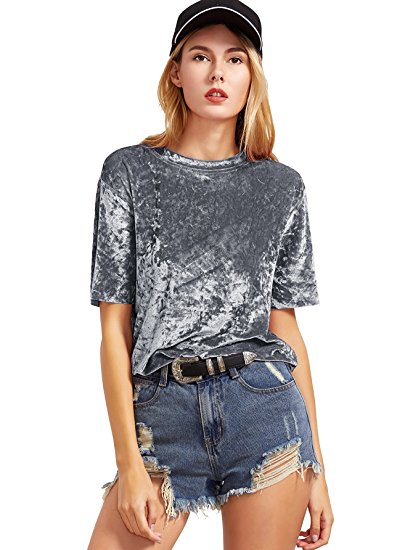 ROMWE Women's Velvet O Neck T-Shirt Tee Top Blouse