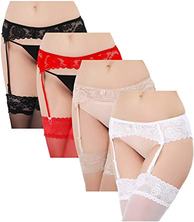 Lace Garter Belt Adjustable Suspender Garter Belt for Women Thigh High Mesh Stockings, 4 Colors