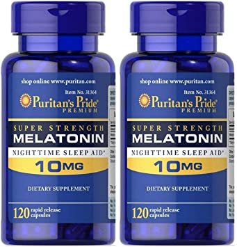 Puritan's Pride by, Nighttime Sleep Aid, Super Strength Rapid Release Capsules, 10mg, 2 Bottles of 120 Capsules Melatonin, 120 Count (Pack of 2), 240 Count