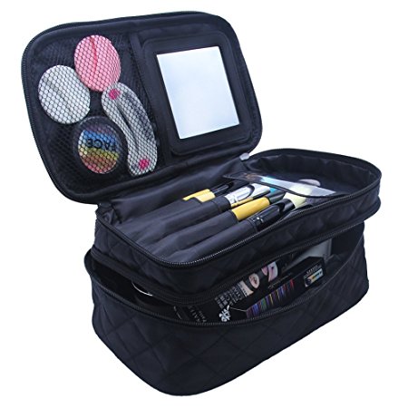 Samtour Makeup Bag for Women with Mirror 2 Layer Large Makeup Brushes Bags Cosmetic Bag Organizer Professional 2 layer Makeup Pouch for Travel Home (black large)