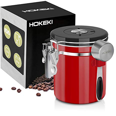 Airtight Coffee Canister, HOKEKI Stainless Steel Container for the Kitchen, Coffee Ground Vault Jar With One Way Co2 Valve And Scoop, Tea Coffee Sugar, Extra Coffee Spoon, 16 oz (Red)