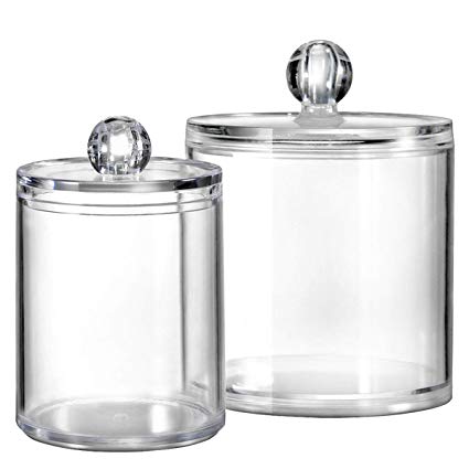 Bathroom Vanity Storage Organizer Canister Holder Apothecary Jars Set for Qtips,Cotton Balls,Swabs,Rounds,Makeup Sponges,Bath Salts,Premium Plastic Acrylic, Clear | 10oz.and 20oz.